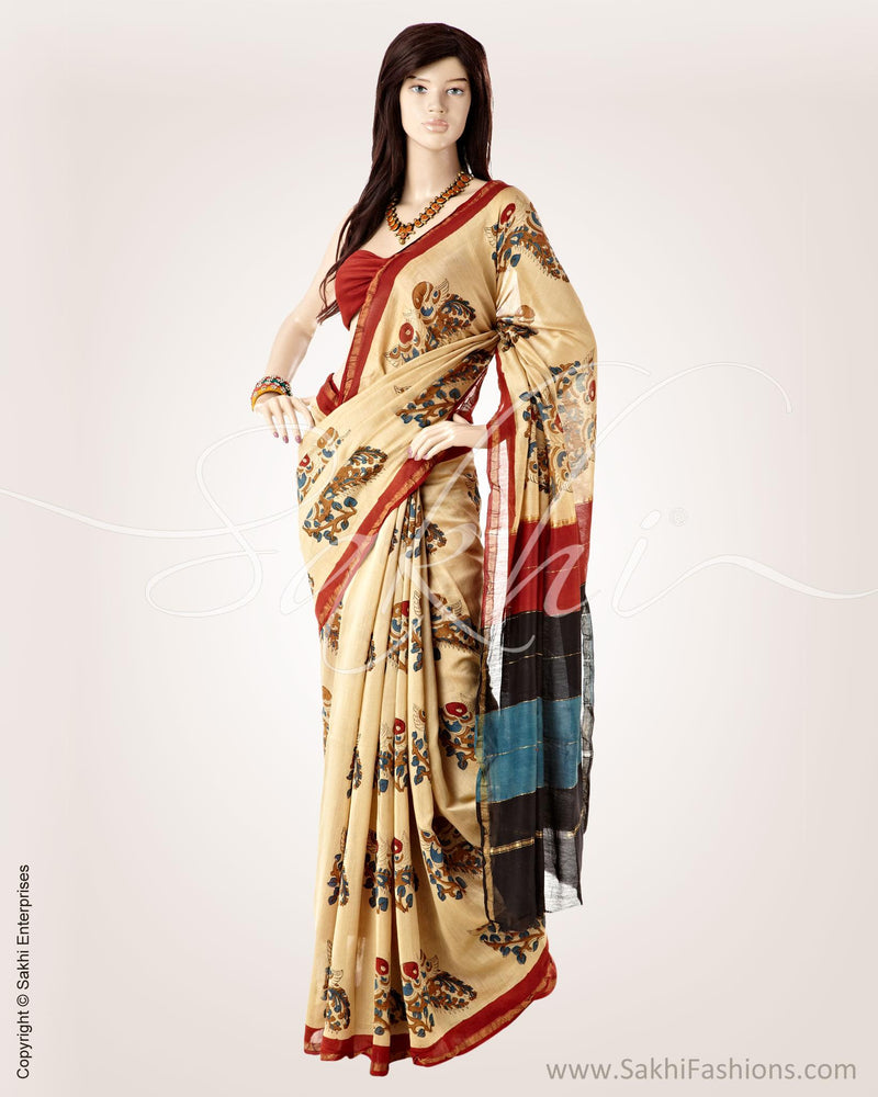 SRO-22813 - Cream & Multi Pure Chanderi  Saree