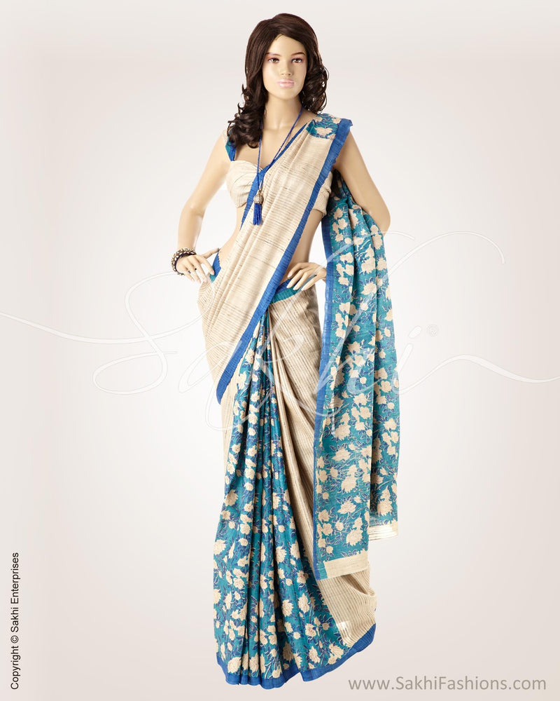 SRO-22990 - Blue & Beige Pure Tussar Silk Saree