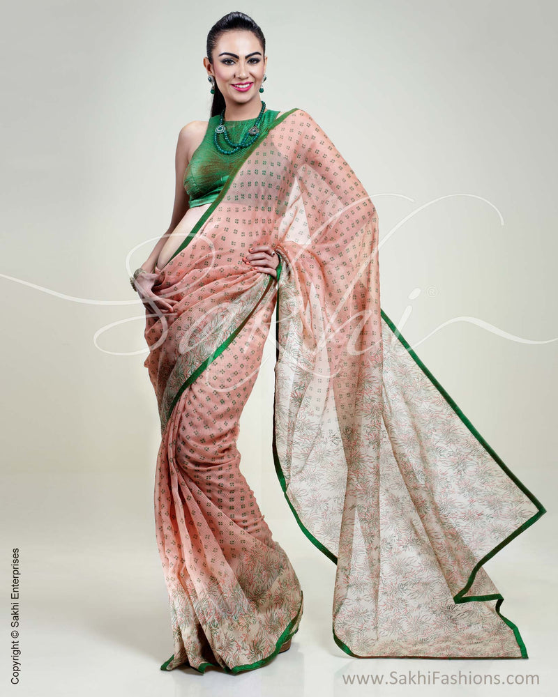 SR-0318 Peach & Green Tussar Silk Saree