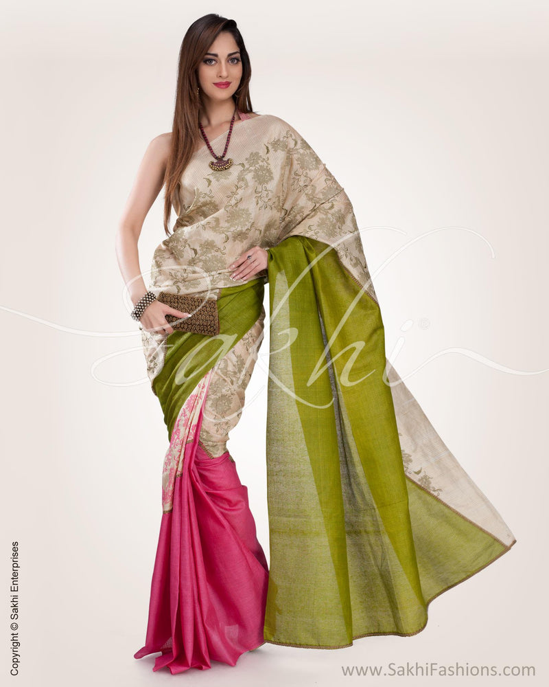 SXO-13028 Beige & Multi Pure Tussar Silk Saree