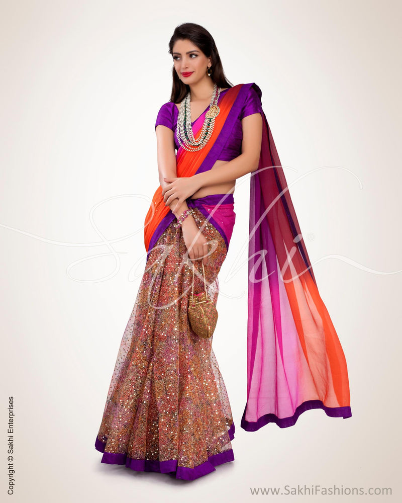 SXO-17072 Purple & Multi Pure Chiffon Silk Saree