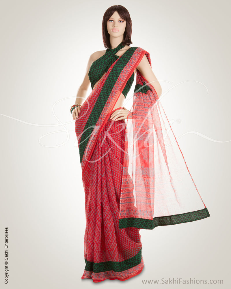 Red & Green Pure Cotton Saree