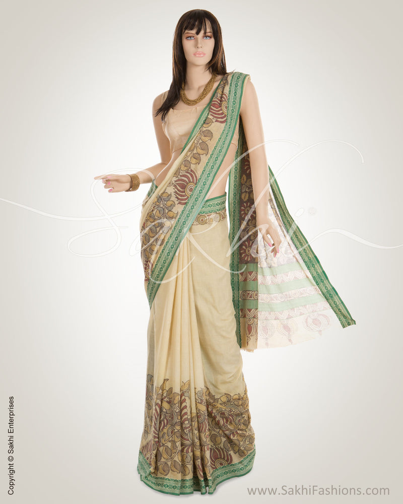 Cream & Green Pure Cotton Saree