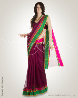 Violet Purple & Green Pure Silk Saree