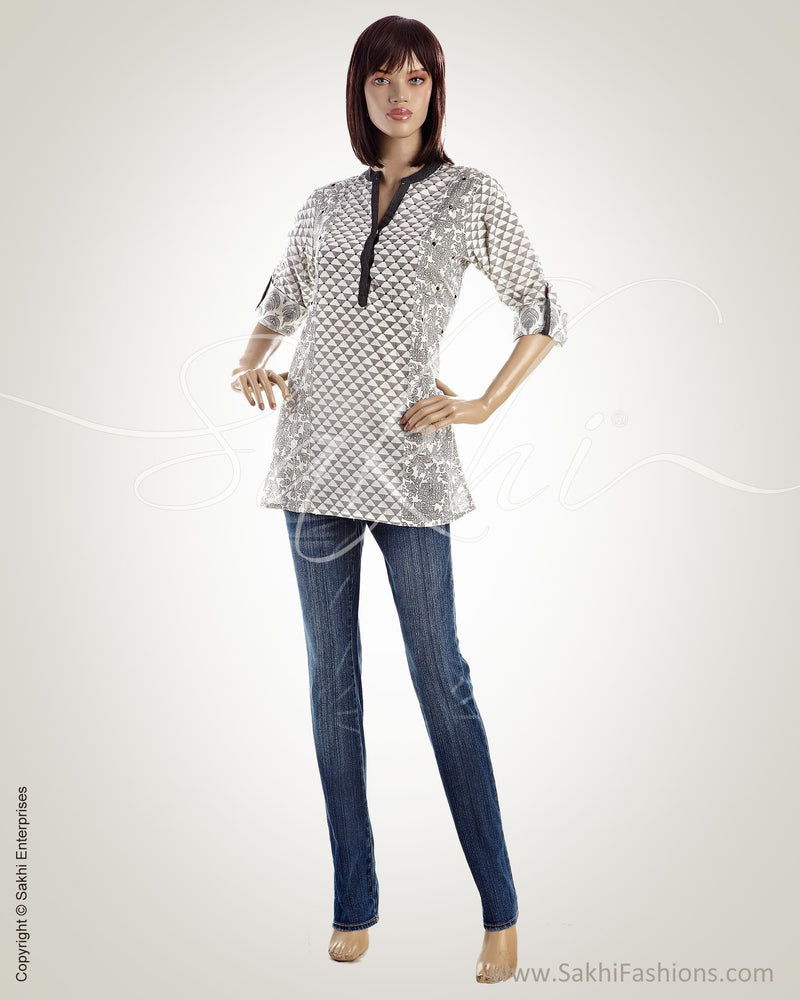 WWO-12084 - Black & White Pure Cotton Kurti