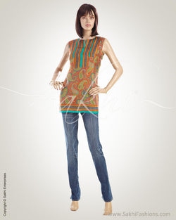 WWO-13878 - Blue & Multi Pure Crepe Silk Kurti